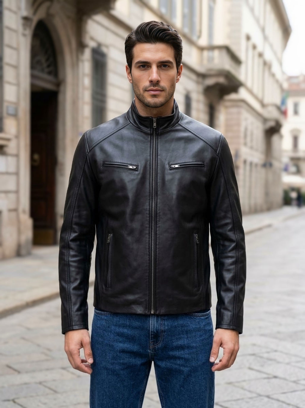 Giubbotto uomo in vera pelle nappa nera Made in Italy - vista frontale