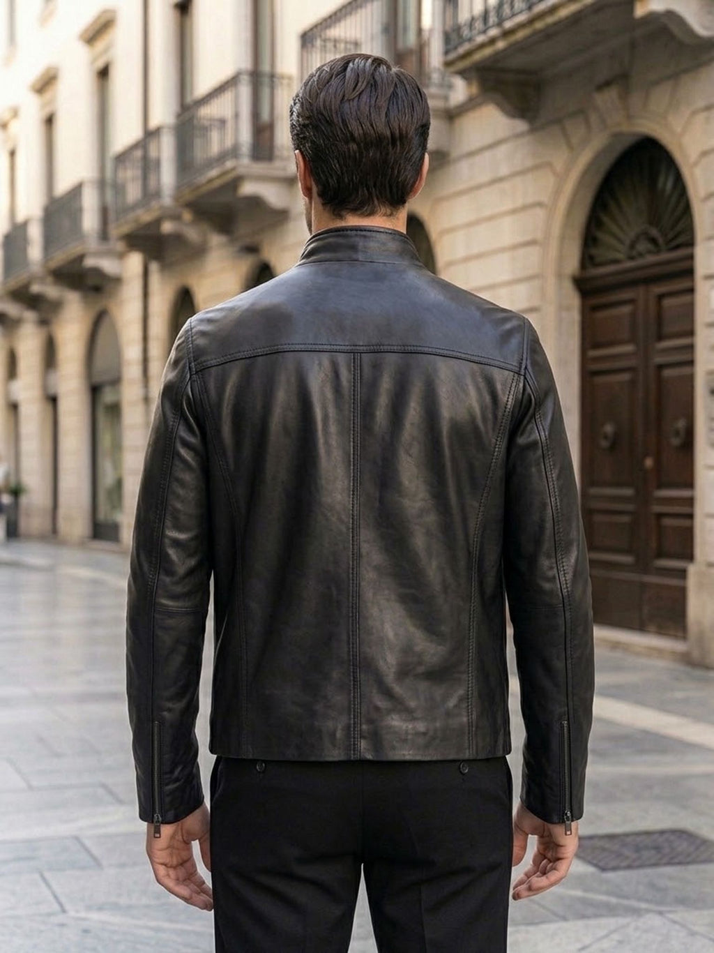 Giubbotto uomo in pelle nappa nera artigianale slim fit - vista posteriore