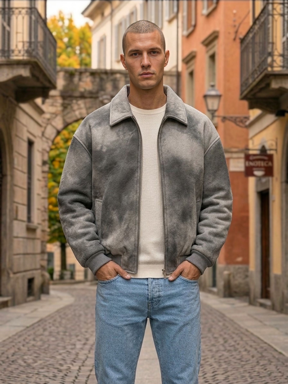 bomber uomo tessuto effetto marmorizzato grigio imbottito zip aperta