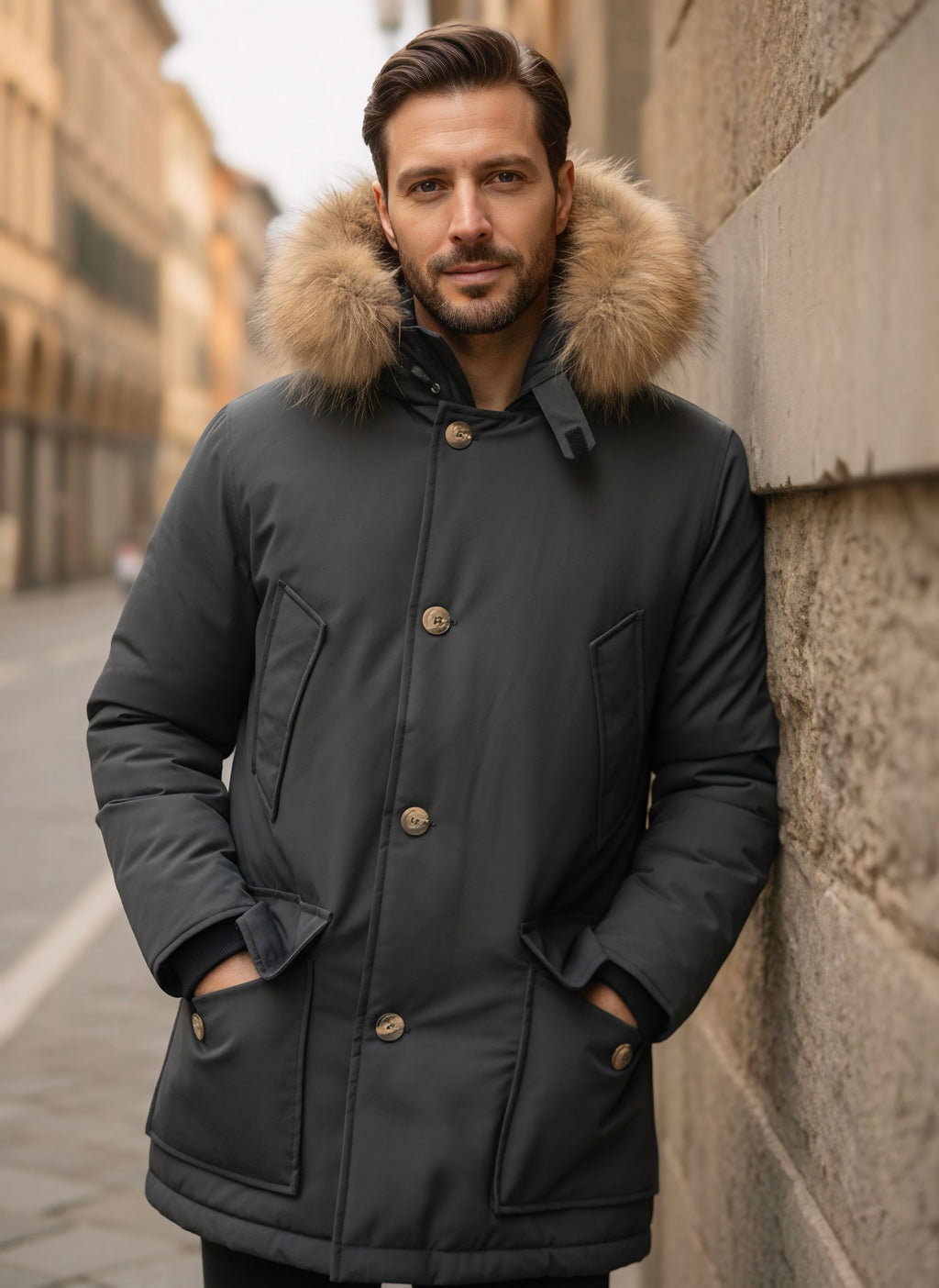 Giaccone uomo imbottito in piuma ecologica con pelliccia vera staccabile