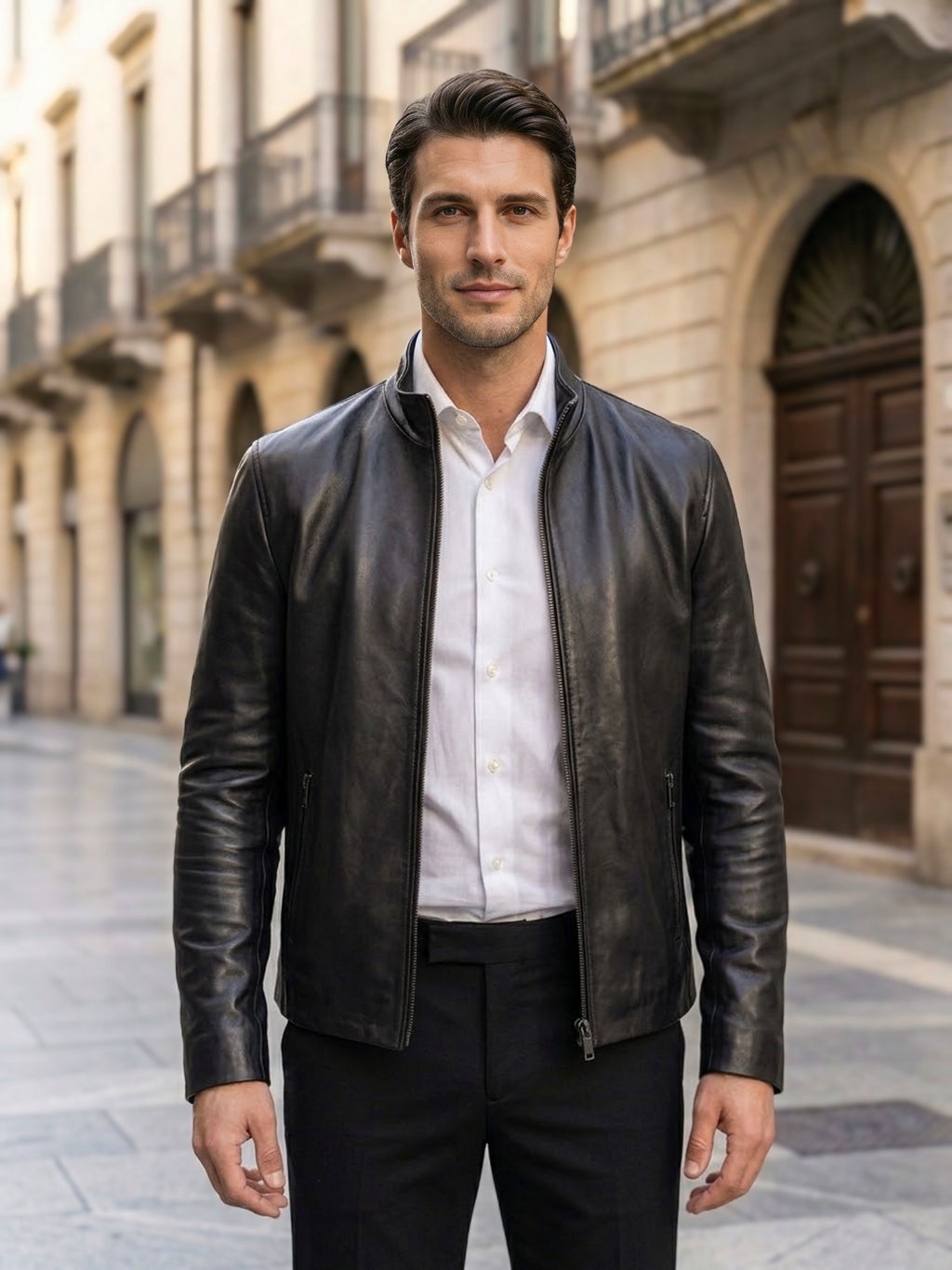 Giubbotto in pelle nera uomo aperto abbinato a camicia bianca - stile elegante e casual