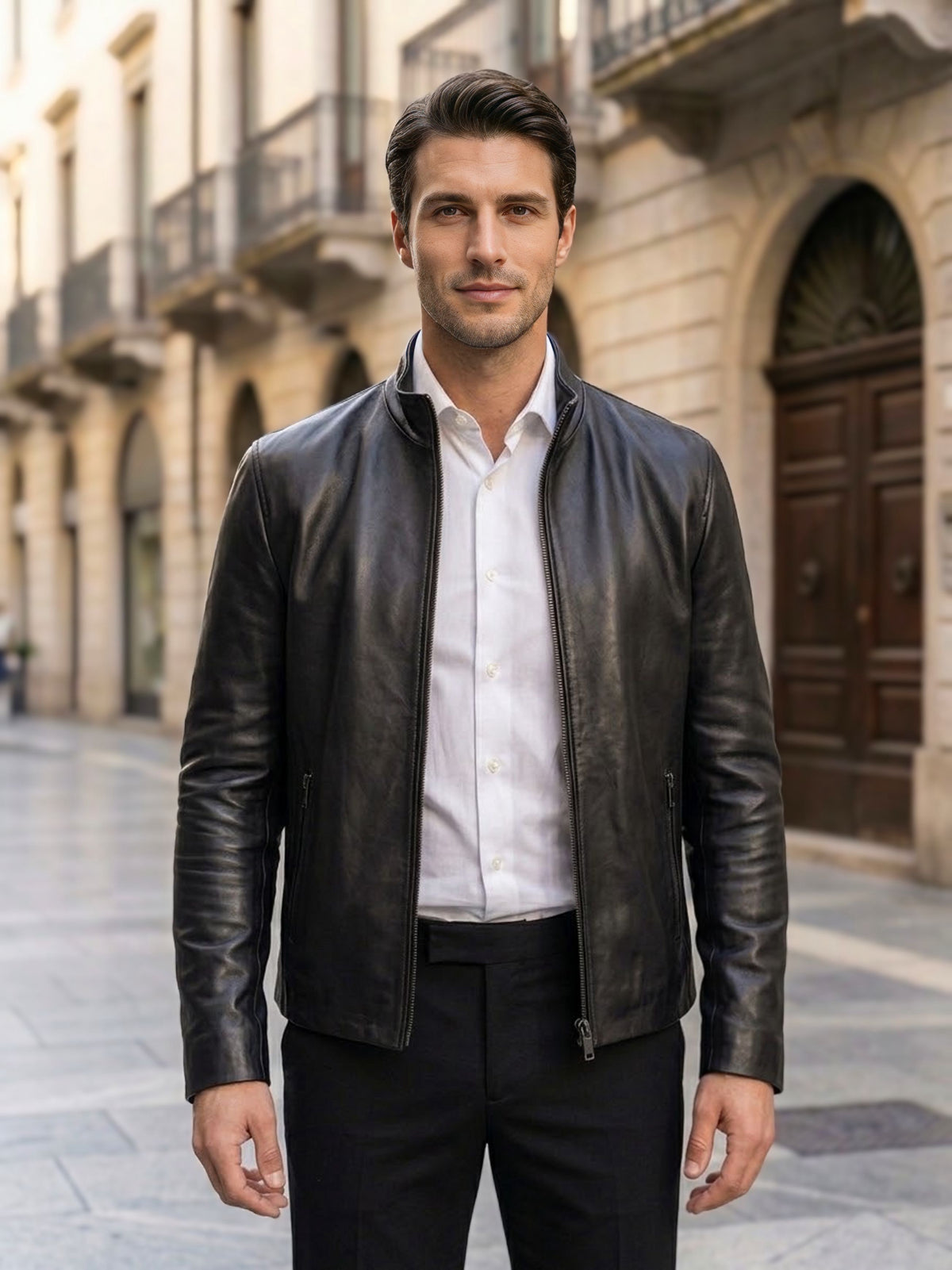 Giubbotto in pelle nera uomo aperto abbinato a camicia bianca - stile elegante e casual