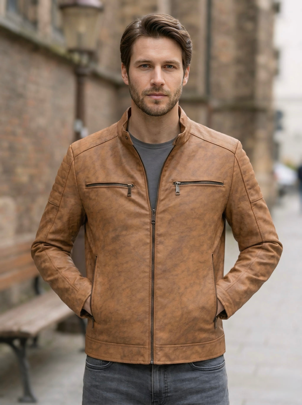 Biker uomo in ecopelle marrone effetto marmorizzato con zip centrale e quattro tasche con zip.