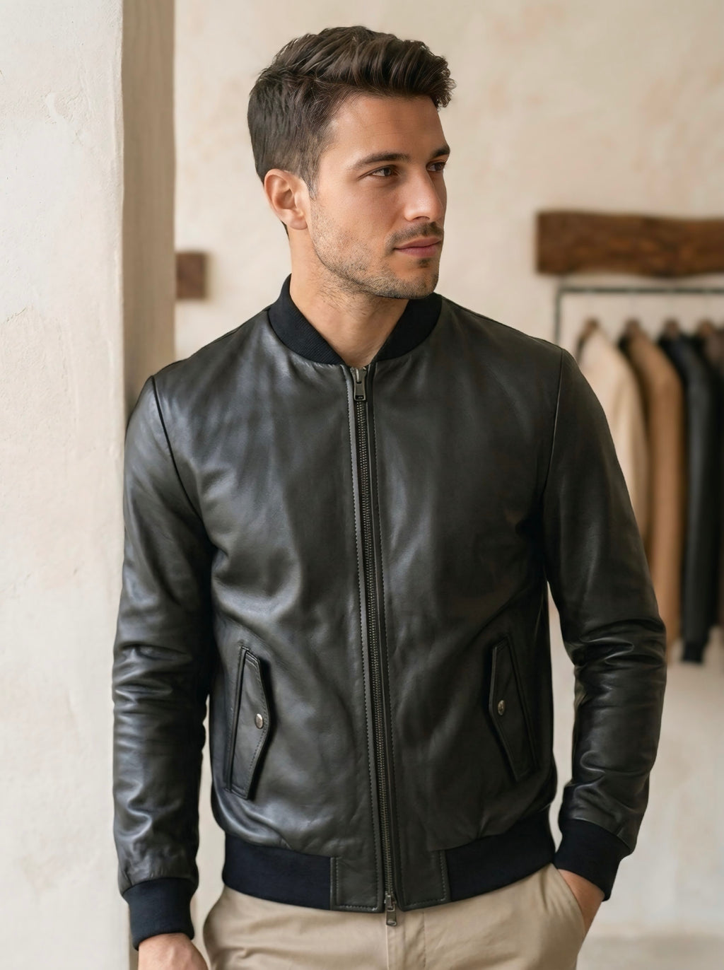 Bomber in vera pelle nappa nera a concia vegetale Made in Italy - Centro della Pelle