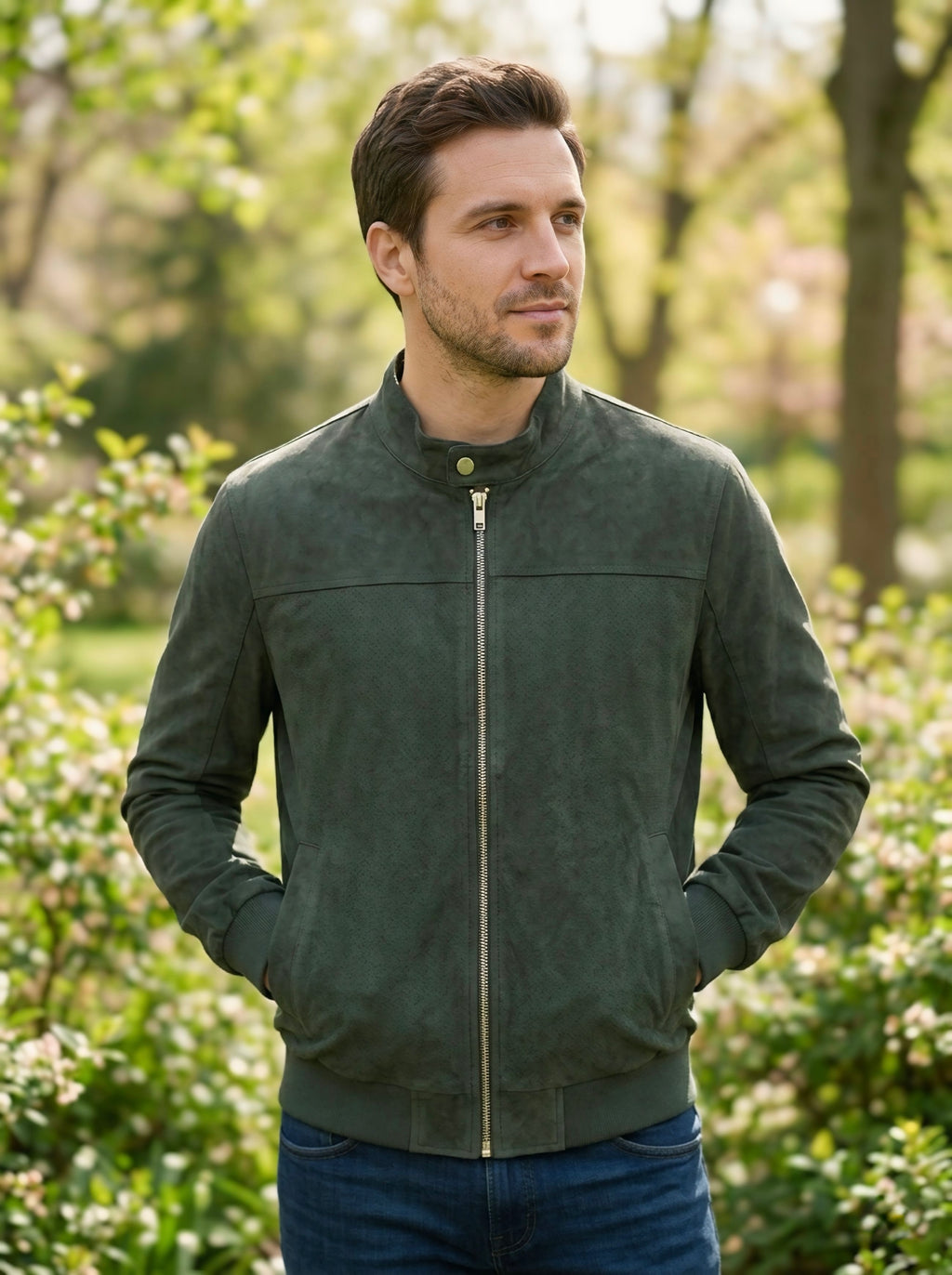 Bomber uomo in Alcantara con dettaglio petto traforato a laser - Centro della Pelle