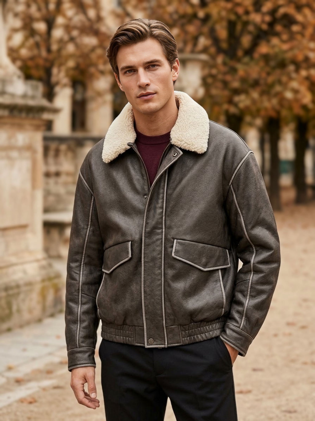 BOMBER UOMO IN ECOPELLE CON COLLO STACCABILE