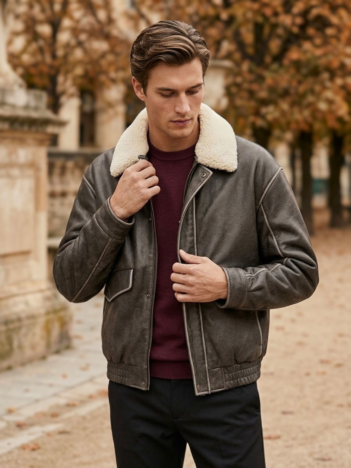 BOMBER UOMO IN ECOPELLE CON COLLO STACCABILE
