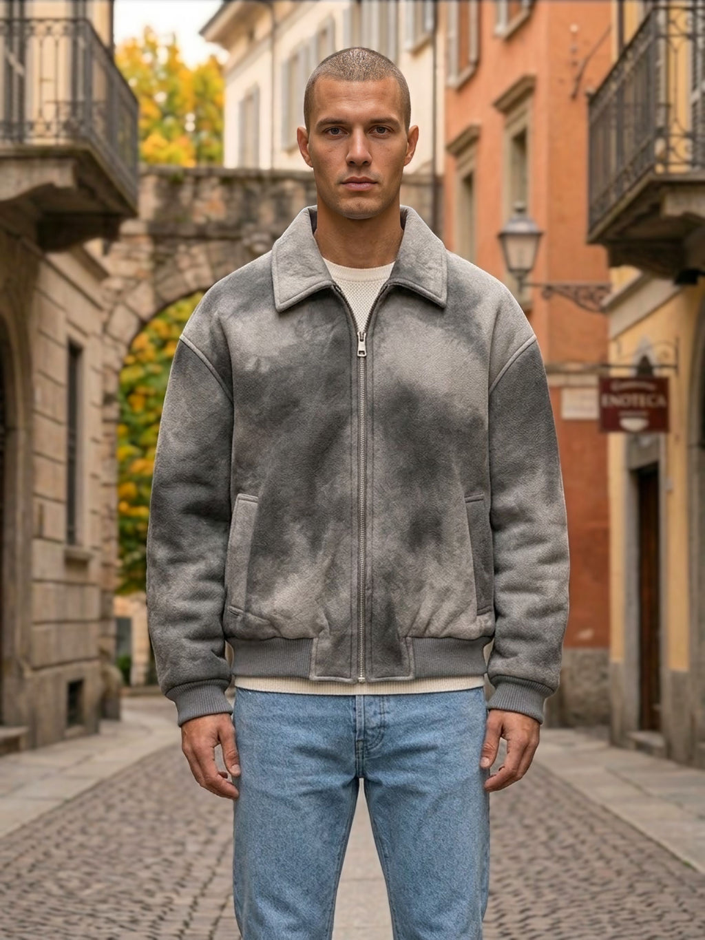 bomber uomo tessuto effetto marmorizzato grigio imbottito zip chiusa colletto