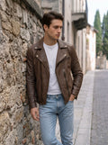 Chiodo biker uomo in pelle nappa marrone concia vegetale Made in Italy - Centro della Pelle