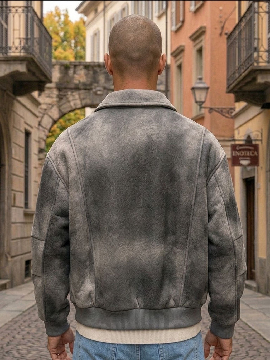 bomber uomo tessuto effetto marmorizzato grigio vista posteriore spalla calata