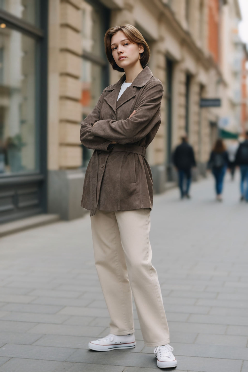 Donna con giacca lunga slim in pelle nabuk marrone sfumata, taglio sartoriale italiano aderente con bottoni