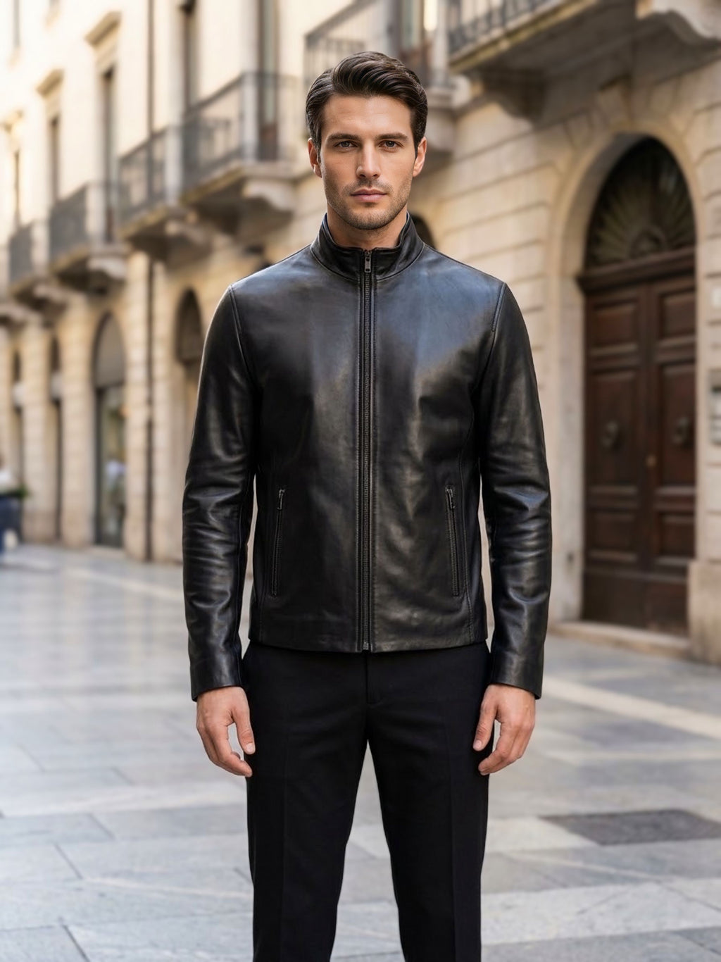 Giubbotto uomo slim fit in vera pelle nappa nera Made in Italy - vista frontale chiusa