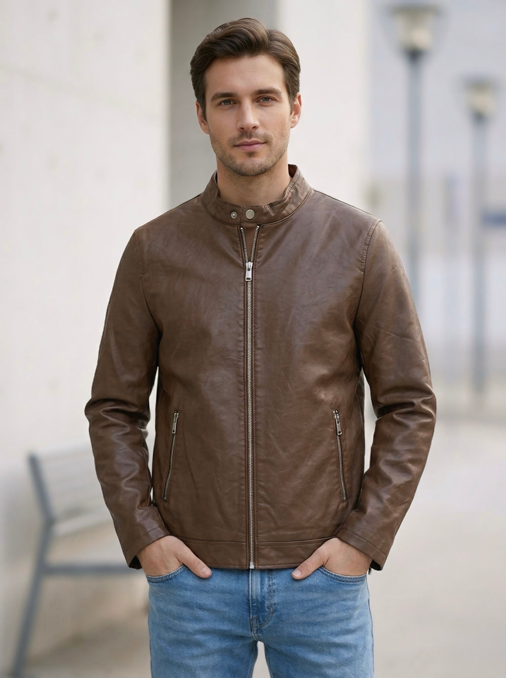 Giacca uomo in ecopelle marrone slim fit con texture stropicciata, cerniera centrale argento e tasche laterali con zip.