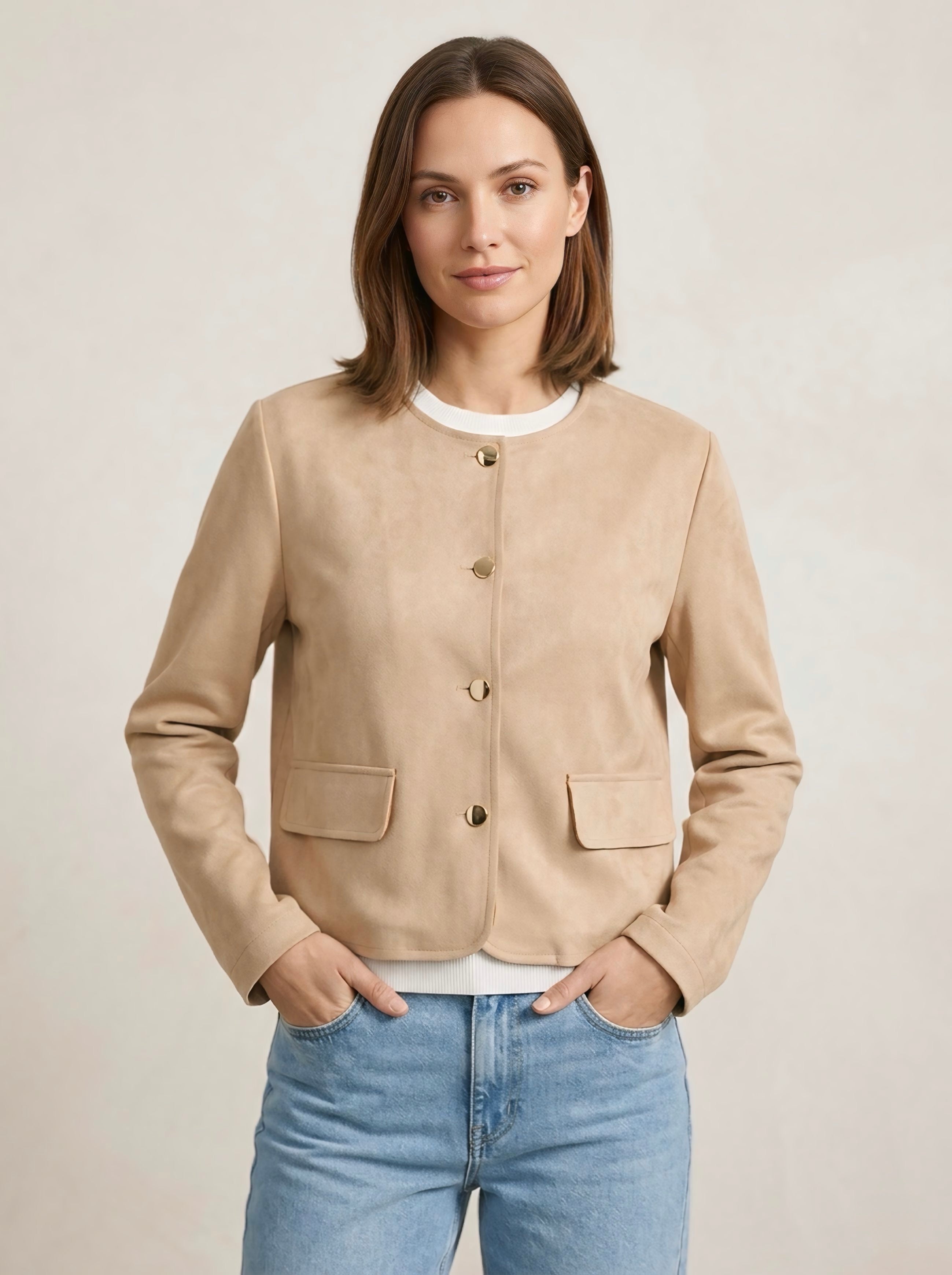 Giacchino girocollo da donna in Alcantara color beige con bottoni dorati e tasche a pattina, indossato con jeans chiari