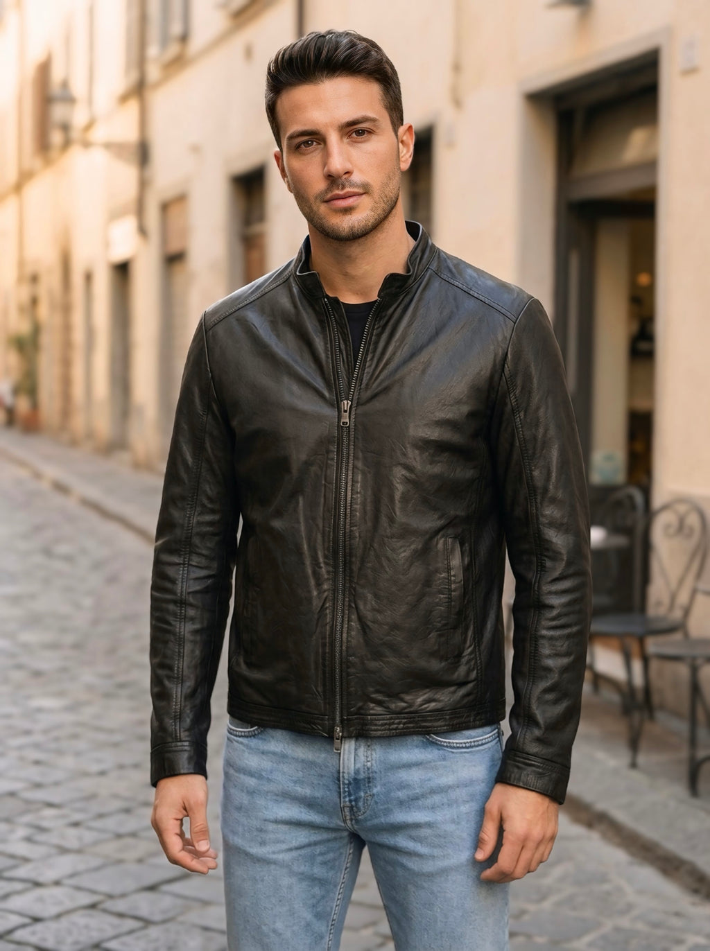 Giubbotto uomo in pelle nera slim fit Made in Italy - Centro della Pelle