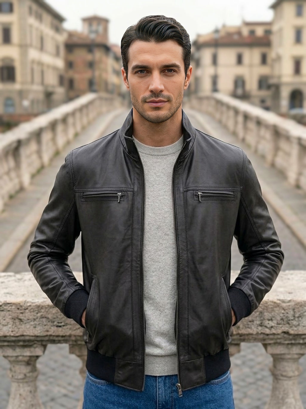 Giubbotto bomber da uomo in vera pelle nappa con zip frontale aperta, che evidenzia la vestibilità slim fit