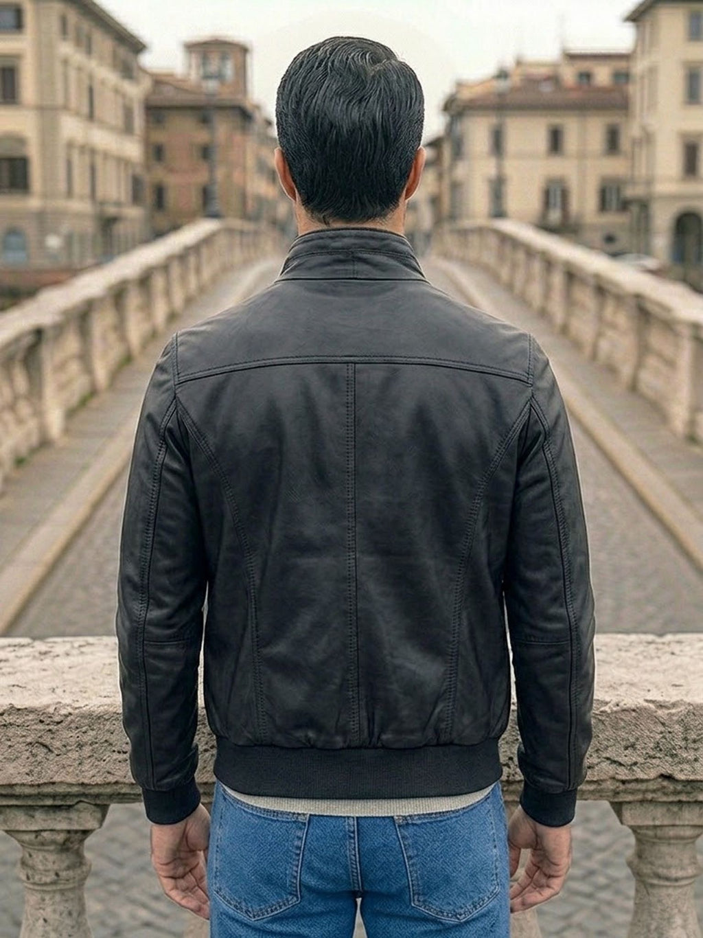 Vista posteriore del bomber in vera pelle nappa da uomo, che mostra il taglio slim e la lavorazione Made in Italy