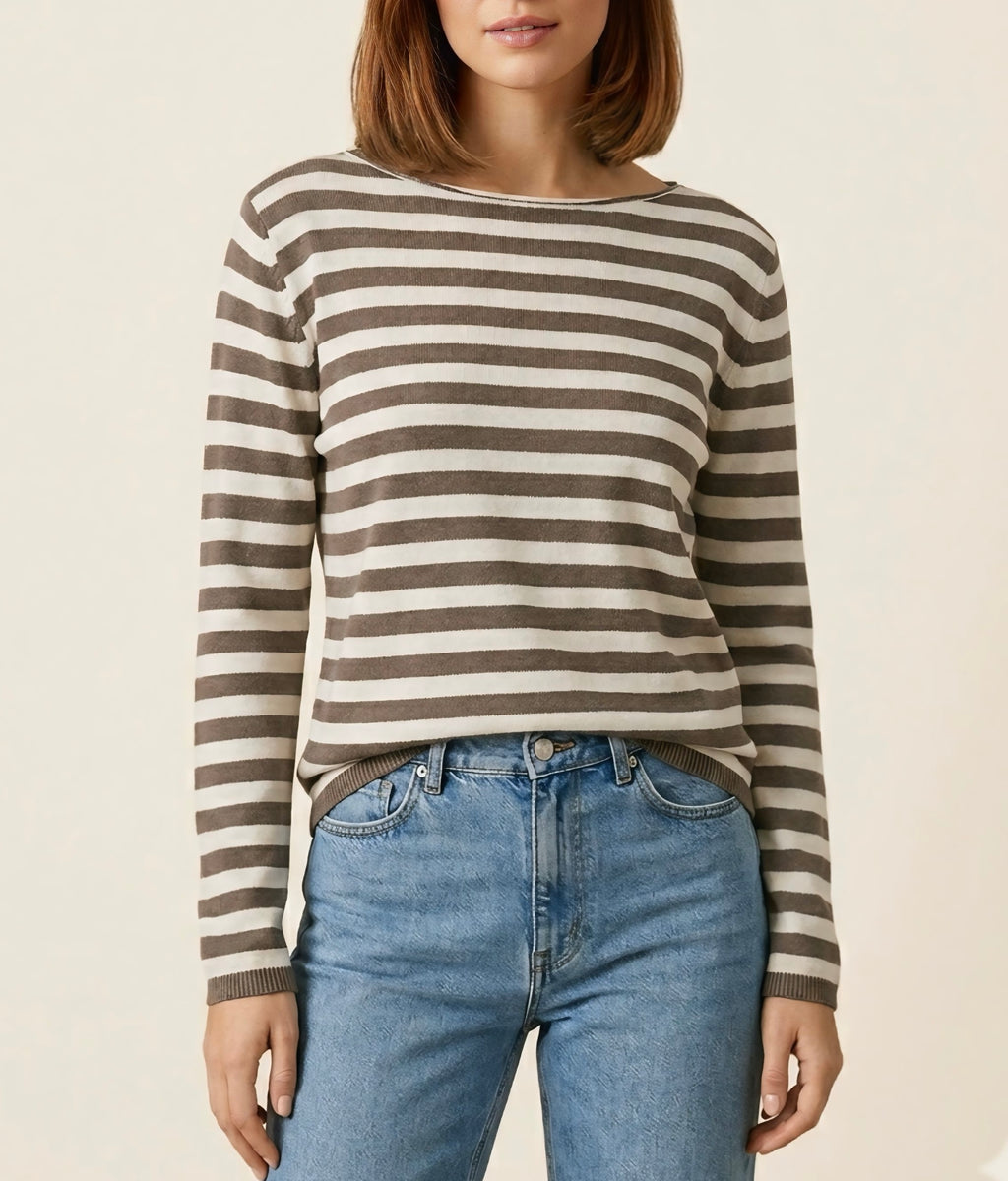 Maglia donna a righe orizzontali beige e fango in cotone leggero, vestibilità morbida, Made in Italy.