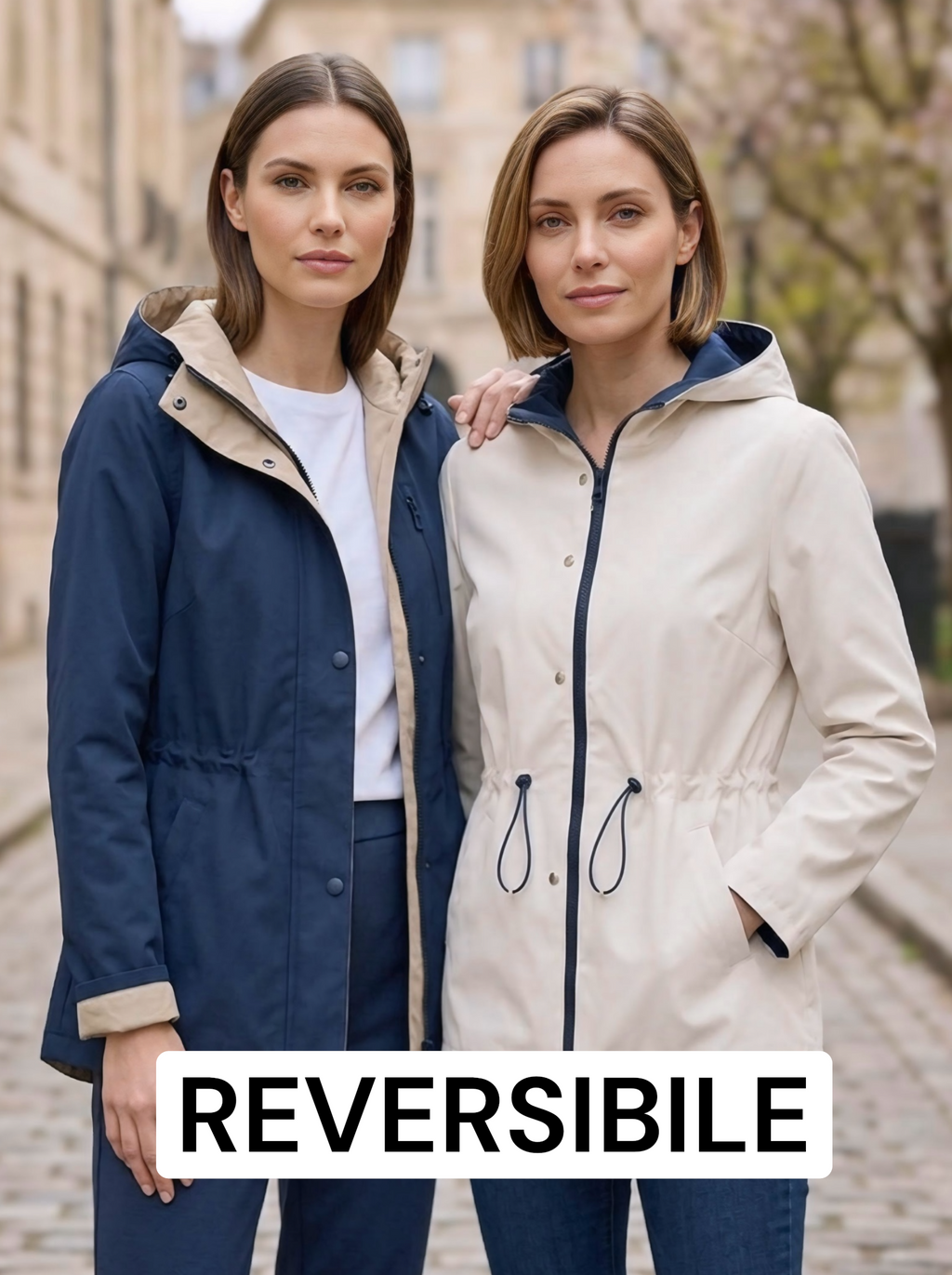 Parka leggero donna reversibile con cappuccio, vestibilità oversize, varianti bicolore.