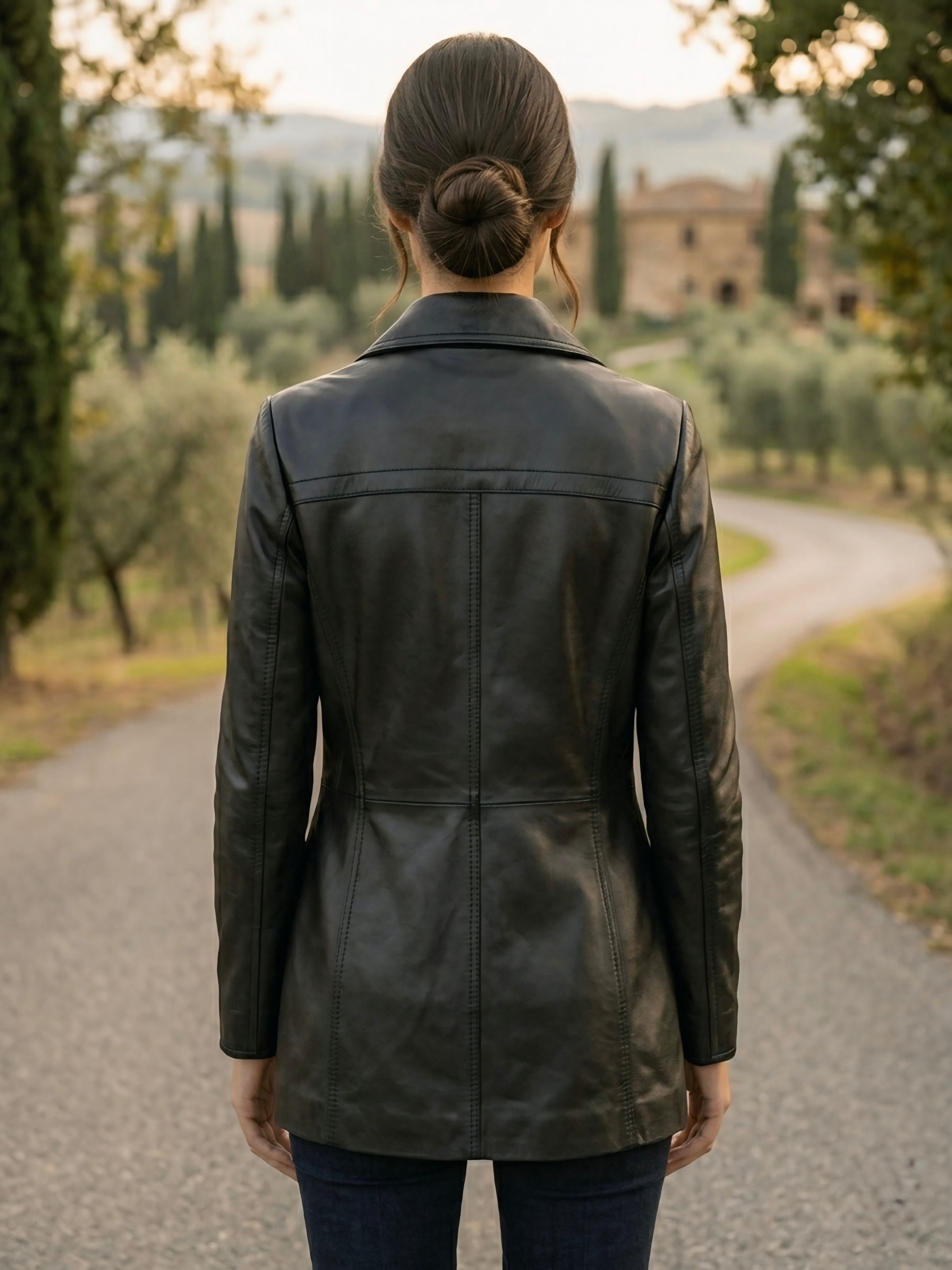 Vista posteriore della maxi giacca in pelle nera che mostra il taglio sartoriale e la qualità della pelle nappa italiana