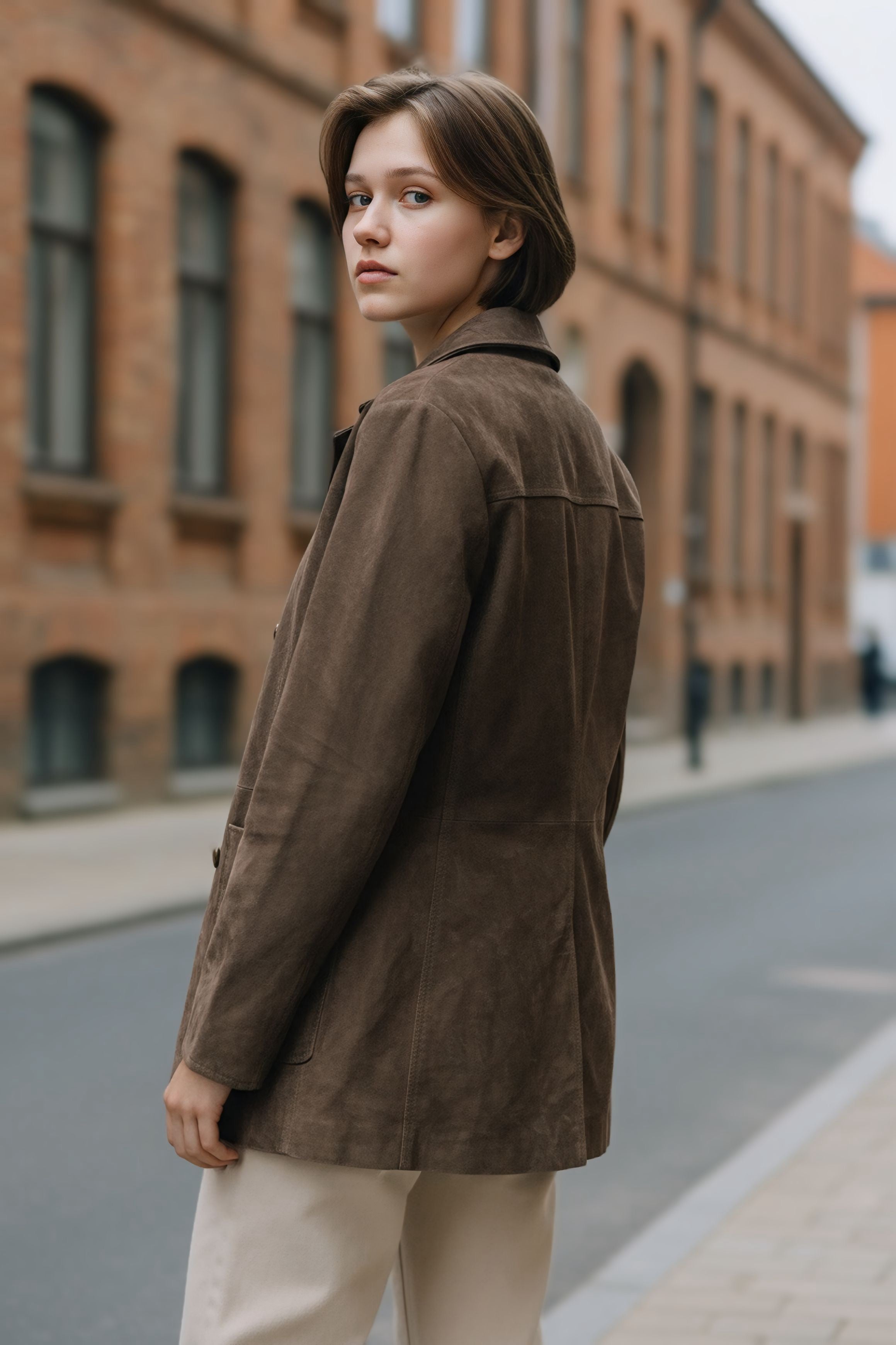 Vista posteriore della maxi giacca slim in pelle nabuk marrone, mette in evidenza la linea sfiancata e la qualità artigianale.